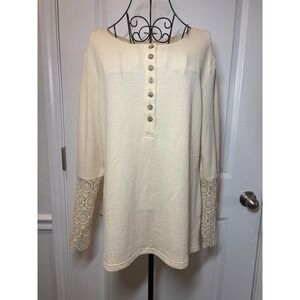 BIB! Cream Thermal Henley Top Crochet Lace Long Sleeve Ivory Waffle Knit Large